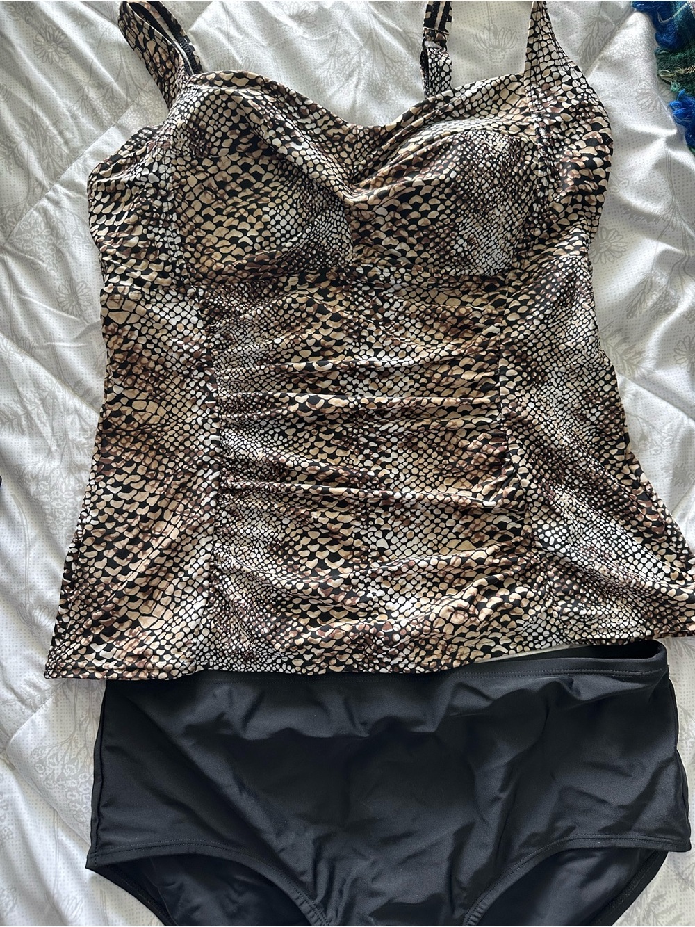 Alia Snake-Print Tankini Top in Beige, Brown & Black with Solid Black Bottom